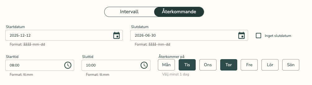 Generell giltighetstid: Intervall