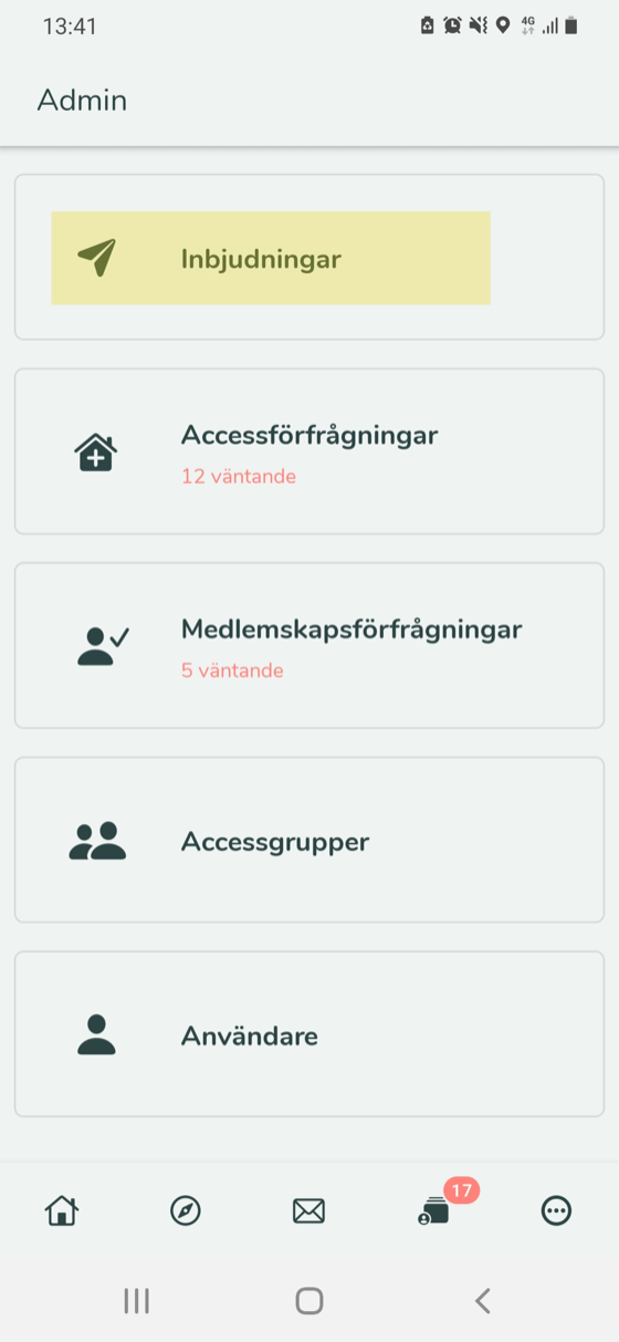 Admin-menyn i Accessy-appen