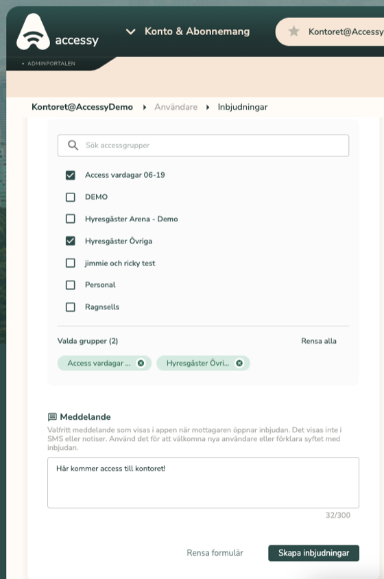 Välj accessgrupper och skriv ett meddelande