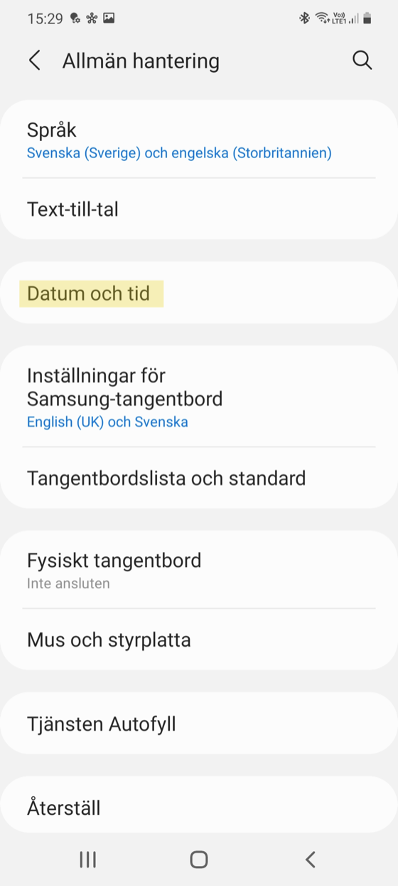 Android: Allmän hantering → Datum och tid