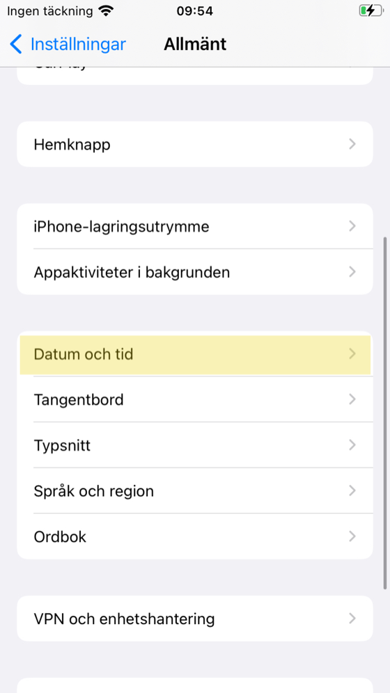 iPhone: Allmänt → Datum och tid