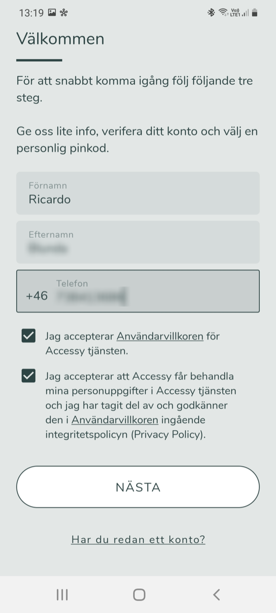 Skapa konto – fyll i namn och telefonnummer